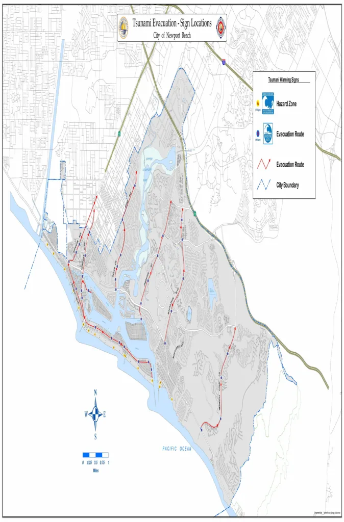 Tsunami Sign & Evacuation Route Map for Newport Beach